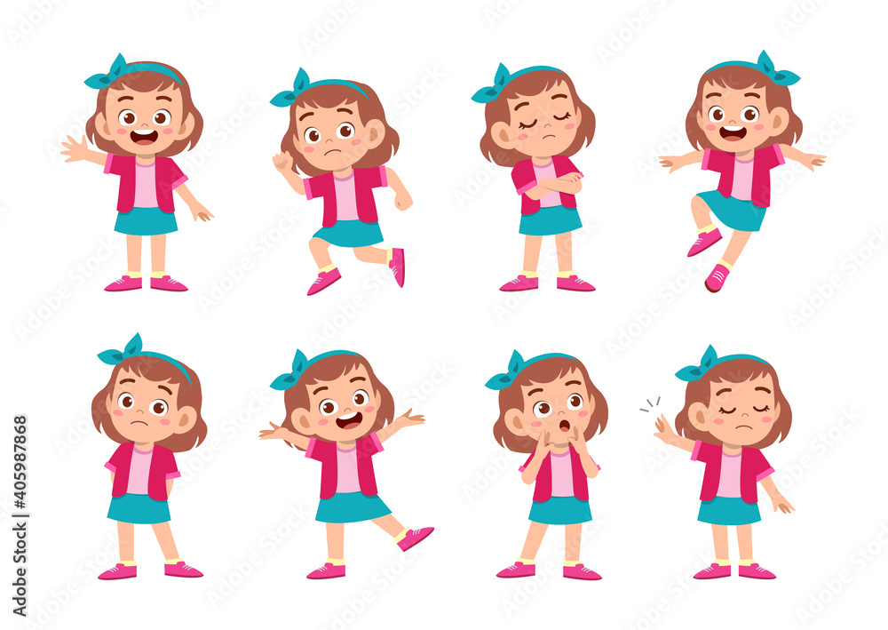 cute kid with many gesture expression set