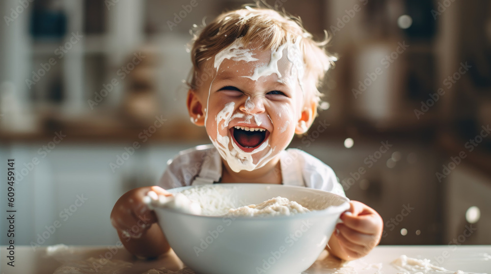 Laughing boy sits in baby chair eating porridge created with generative AI technology